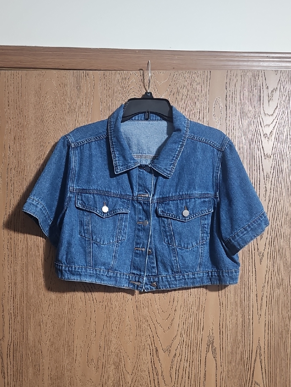 SHEIN Dark Blue Cropped Short Sleeve Denim Jacket